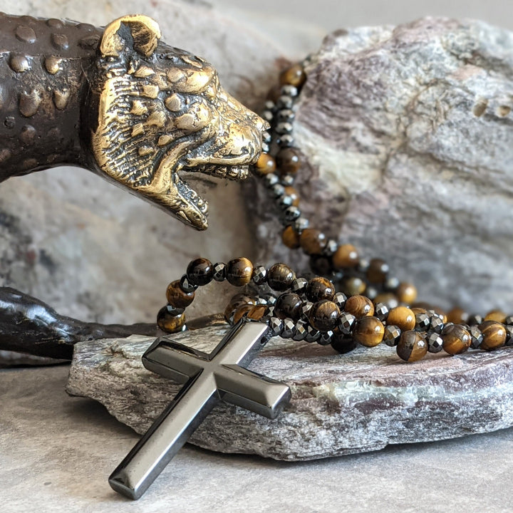 Collana rosario da uomo con croce in lapislazzuli e occhio di tigre Olivenorma