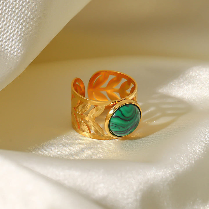 Olivenorma Anello aperto in malachite naturale verde oro