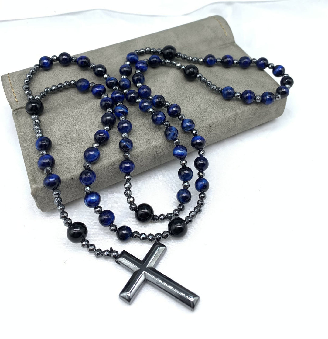Collana rosario da uomo con croce in lapislazzuli e occhio di tigre Olivenorma