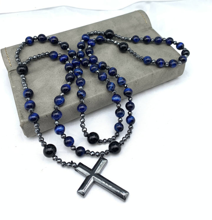 Collana rosario da uomo con croce in lapislazzuli e occhio di tigre Olivenorma