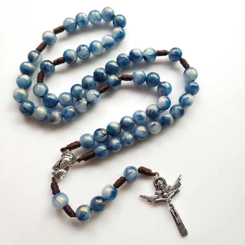 Collana rosario con croce di Gesù in pietra occhio di gatto blu Olivenorma
