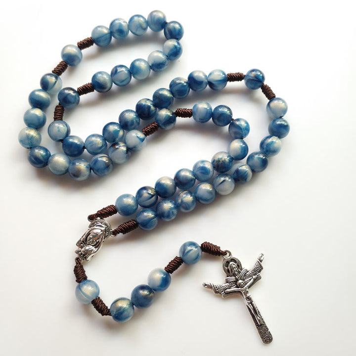 Collana rosario con croce di Gesù in pietra occhio di gatto blu Olivenorma