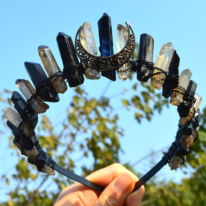 Cerchietto per capelli in quarzo ialino Olivenorma con corona di cristallo e luna in ossidiana