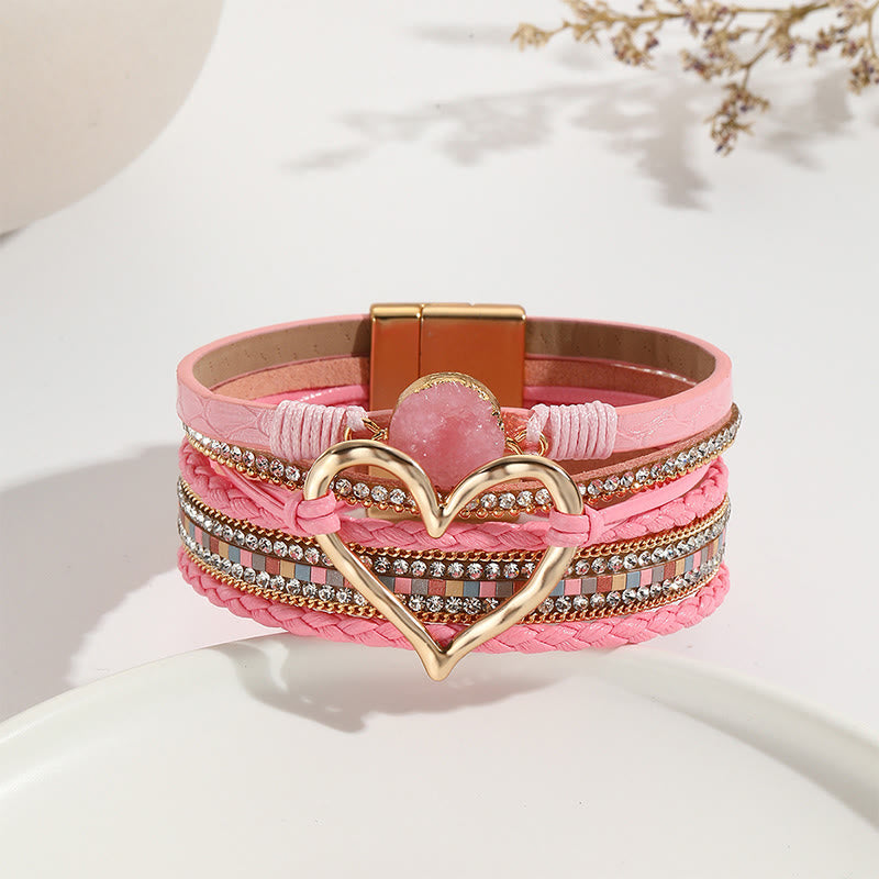Olivenorma Bracciale in pelle intrecciata con cuore metallico e cristalli multicolori 