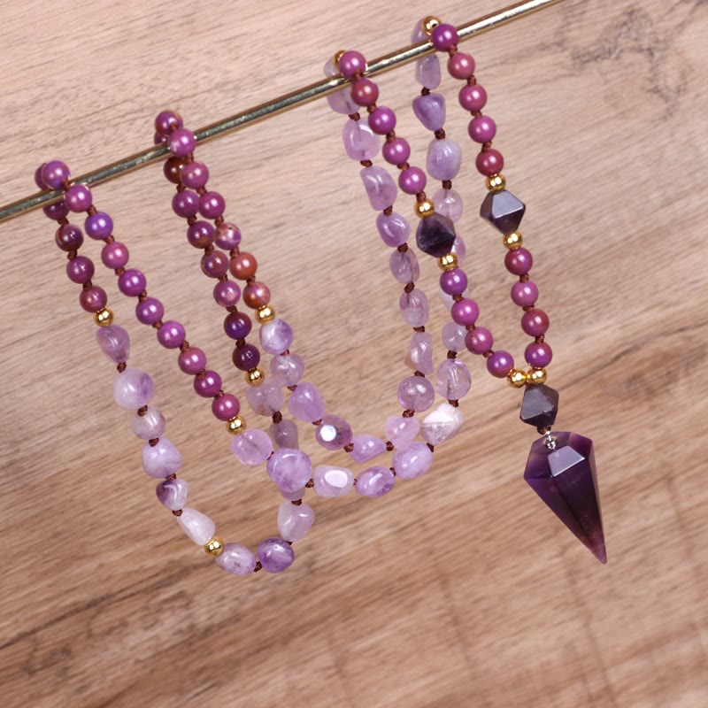 Collana Mala con perline di giada viola e ametista naturale Olivenorma