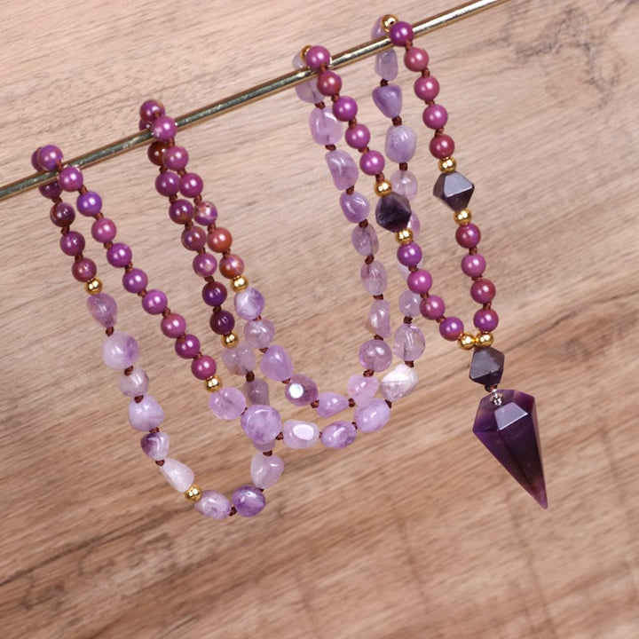 Collana Mala con perline di giada viola e ametista naturale Olivenorma