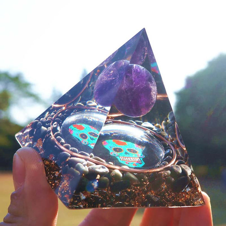 Olivenorma Ametista e Ossidiana Teschio Simbolo Piramide Orgonica 