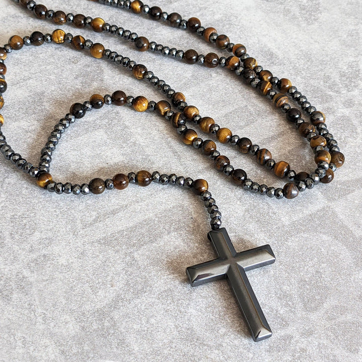 Collana rosario da uomo con croce in lapislazzuli e occhio di tigre Olivenorma