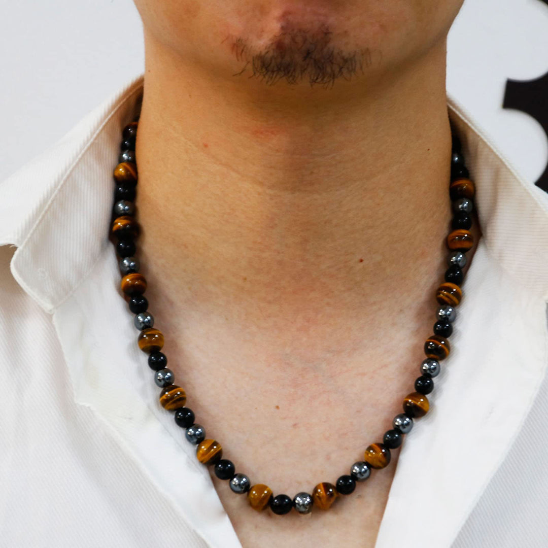 Collana di perle di ematite, occhio di tigre, ossidiana e cristallo curativo Olivenorma