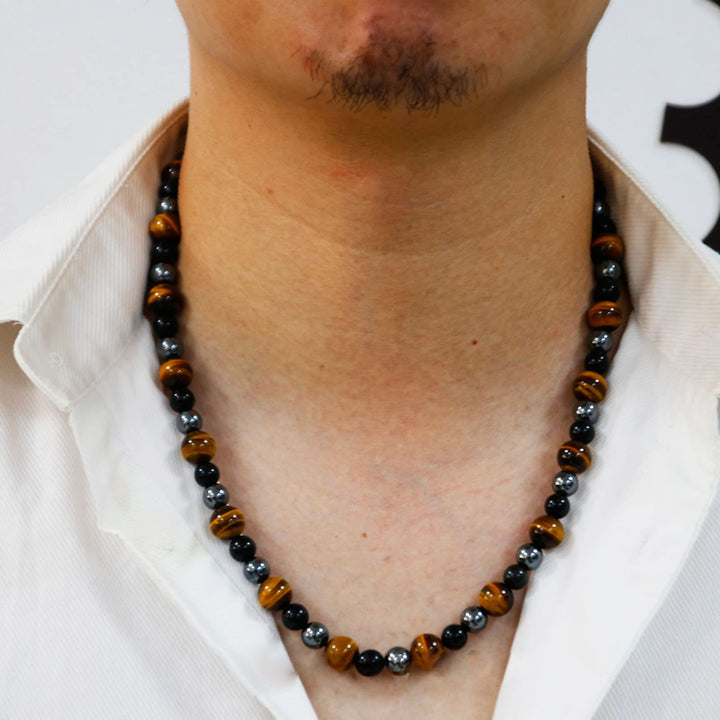 Collana di perle di ematite, occhio di tigre, ossidiana e cristallo curativo Olivenorma