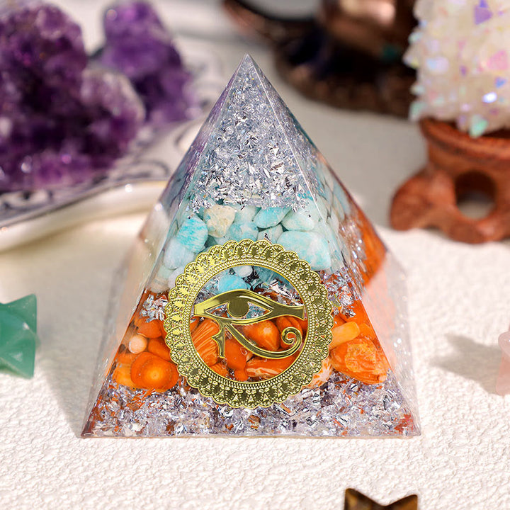 Olivenorma Amazzonite Corallo Rosso Occhio di Horus Piramide Orgonica