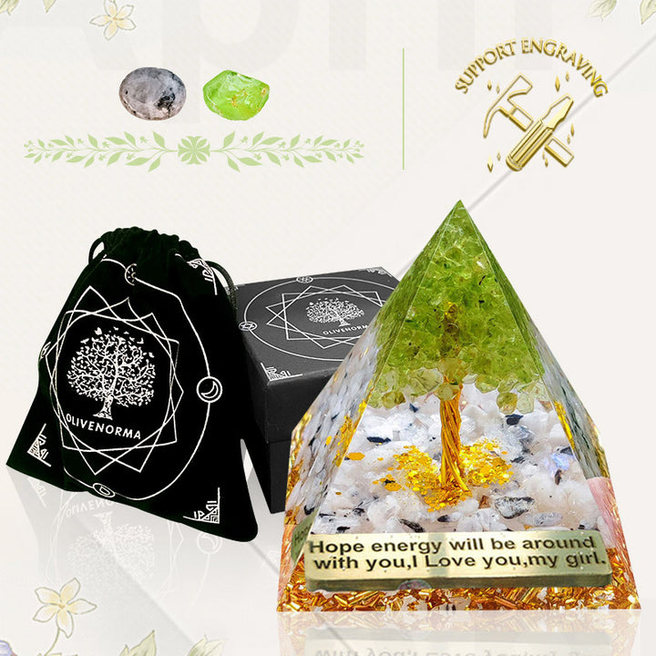 Pietra di luna Olivenorma con piramide di orgone dell'albero della vita di peridoto
