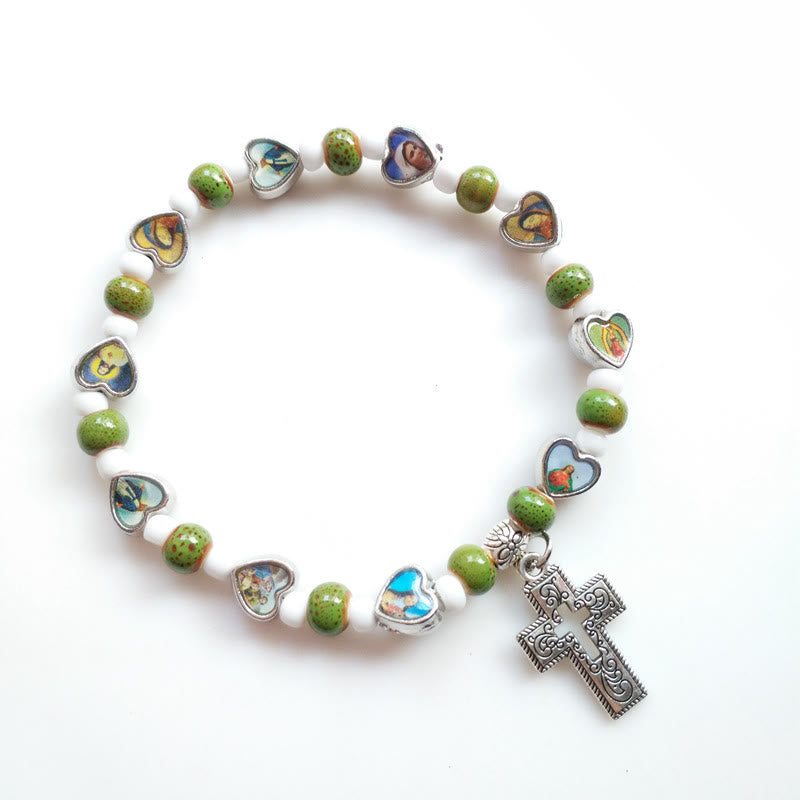 Olivenormacolorful Braccialetto con croce cristiana in pietra naturale 