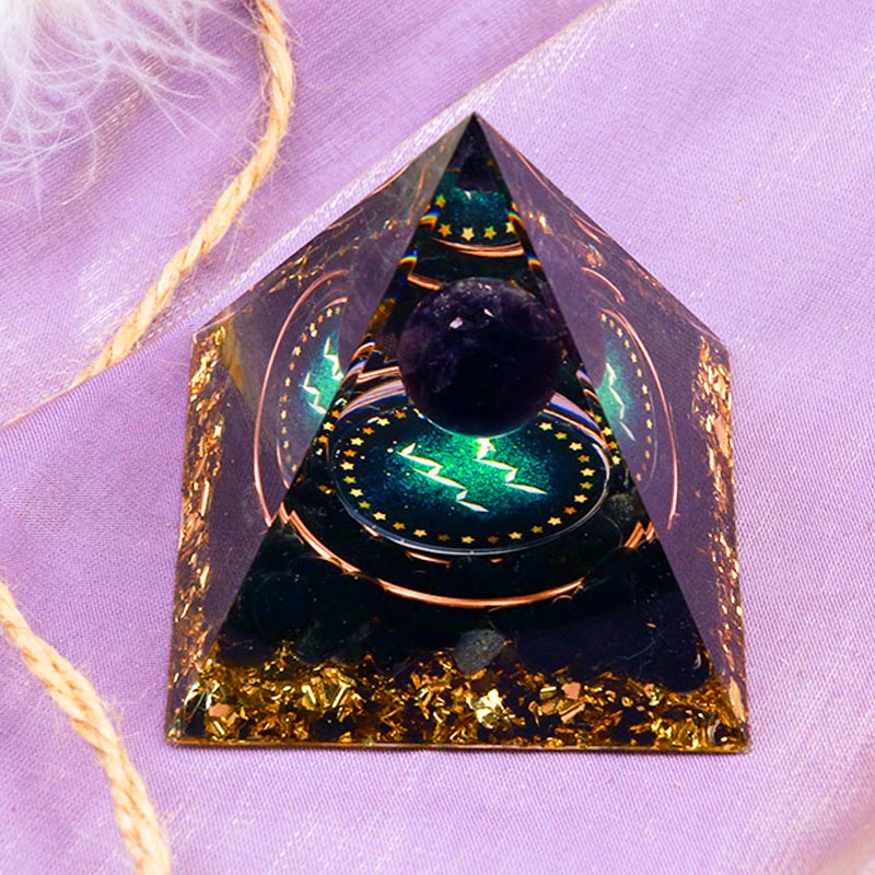 Sfera di ametista Olivenorma con piramide di orgone dello zodiaco Acquario in ossidiana 