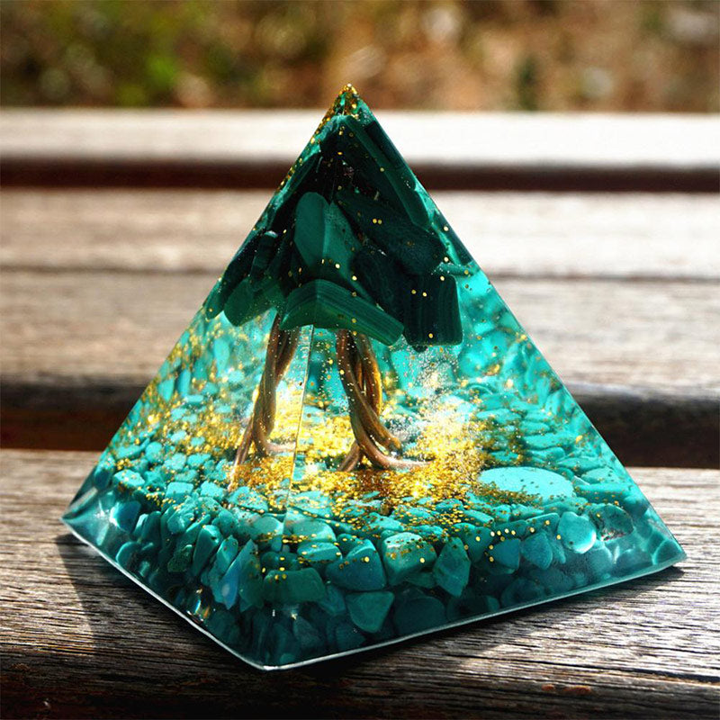 Malachite Olivenorma con piramide di orgone albero della vita turchese 