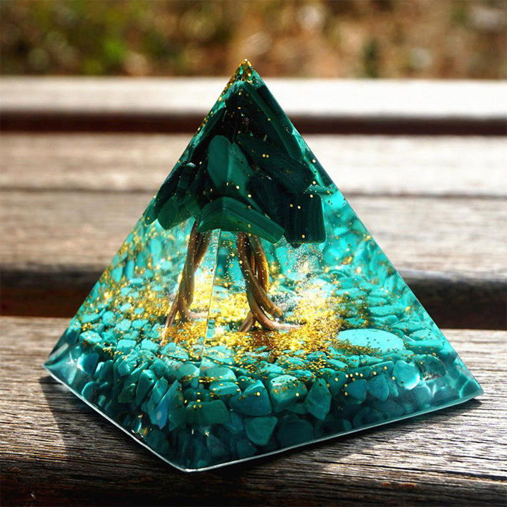 Malachite Olivenorma con piramide di orgone albero della vita turchese 
