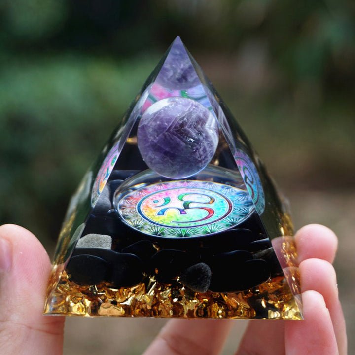 Olivenorma Ametista naturale con ossidiana Simbolo OM Piramide Orgonica