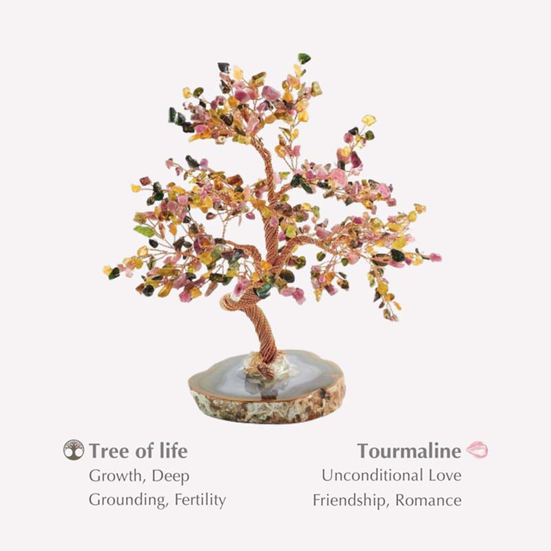 Albero Feng Shui Olivenorma Tormalina con Base in Cristallo Bianco 
