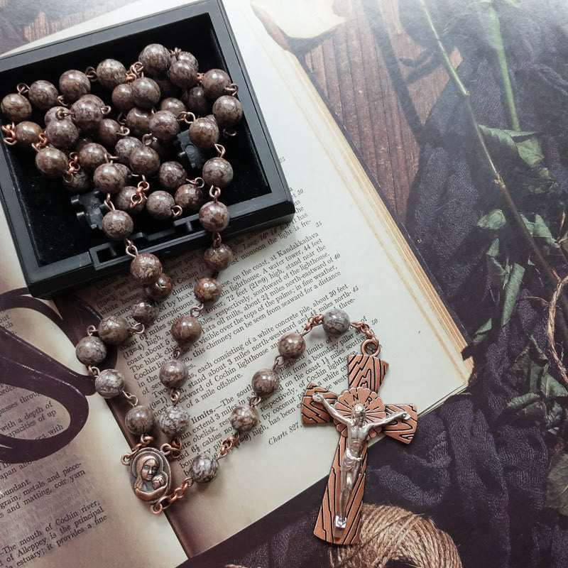 Collana rosario con croce di Gesù in ossidiana fiocco di neve Olivenorma