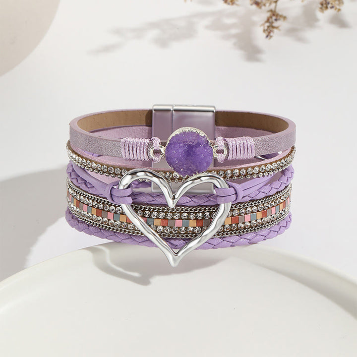 Olivenorma Bracciale in pelle intrecciata con cuore metallico e cristalli multicolori 