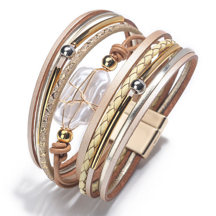 Bracciale in pelle intrecciata con perle d'acqua dolce naturale Olivenorma