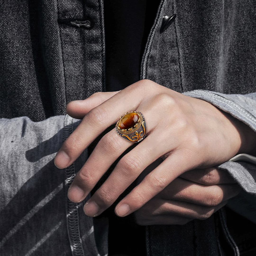 Anello da uomo Olivenorma retrò con pietra occhio di tigre grande