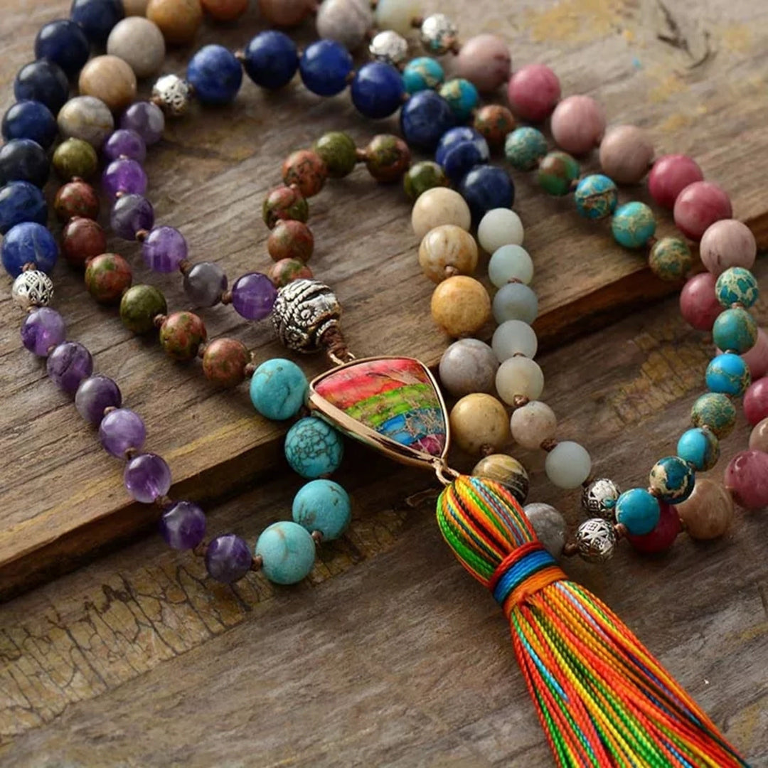 Olivenorma Splendido ciondolo Mala con triangolo chakra in pietre naturali