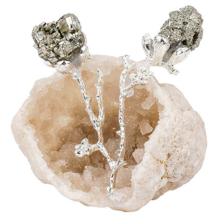Geode naturale Olivenorma con decorazione in pietra preziosa di boccioli di rosa ametista