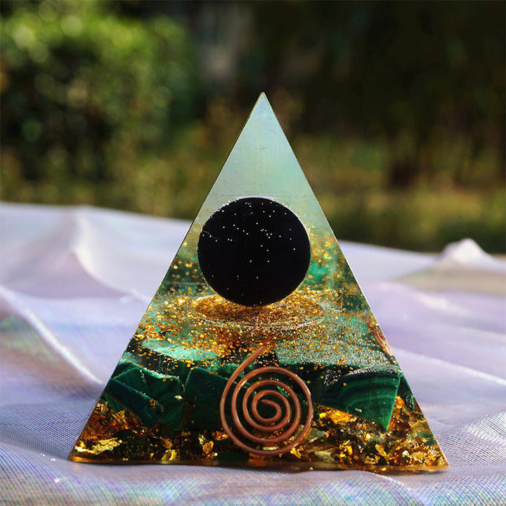 Malachite Olivenorma con sfera di ossidiana Piramide Orgonica