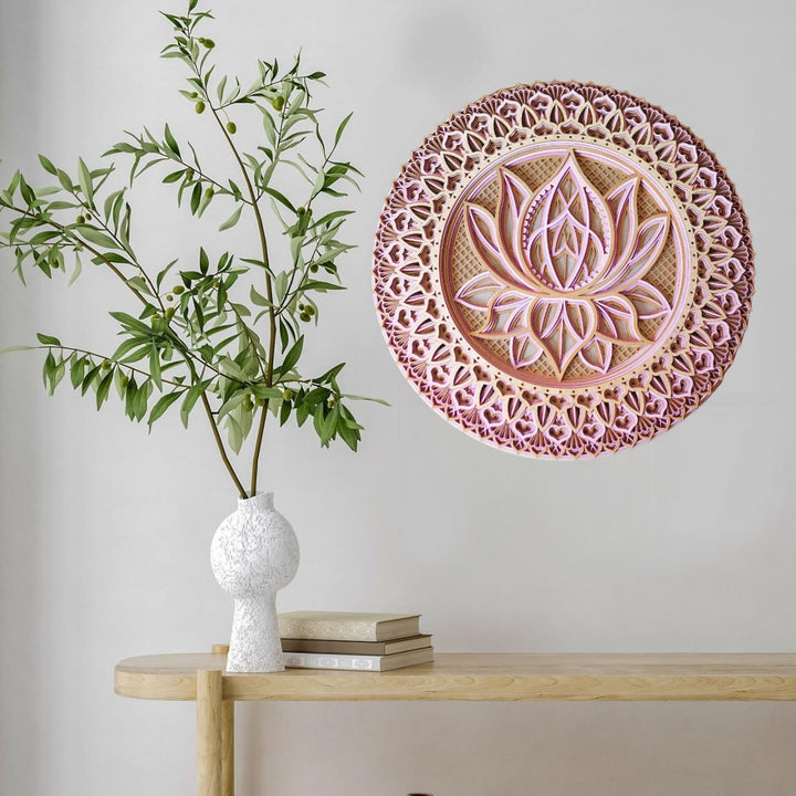 Olivenorma Decorazione murale con incisione 3D Mandala di loto rosa