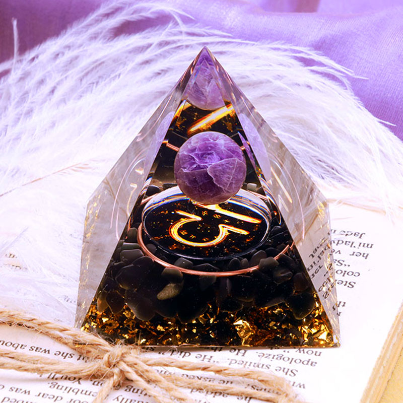 Sfera di ametista Olivenorma con piramide di orgone dello zodiaco Bilancia in ossidiana 
