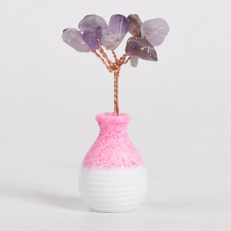Decorazione in pietra preziosa con vaso rosa in cristallo Olivenorma Tree of Life