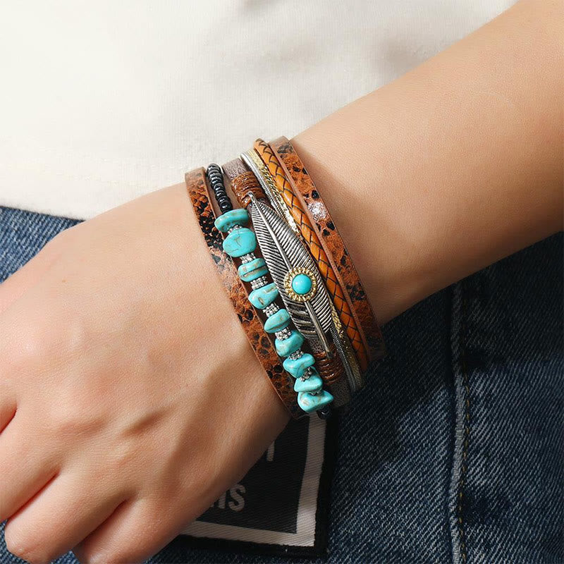 Olivenorma Bracciale in pelle multistrato turchese vintage marrone 