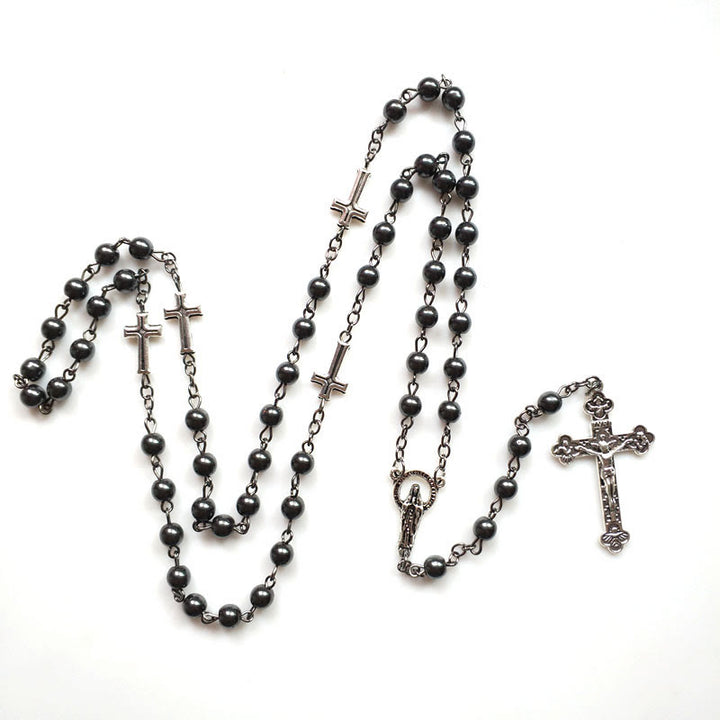 Collana Olivenorma Ematite Gesù Medaglia Croce Rosario 