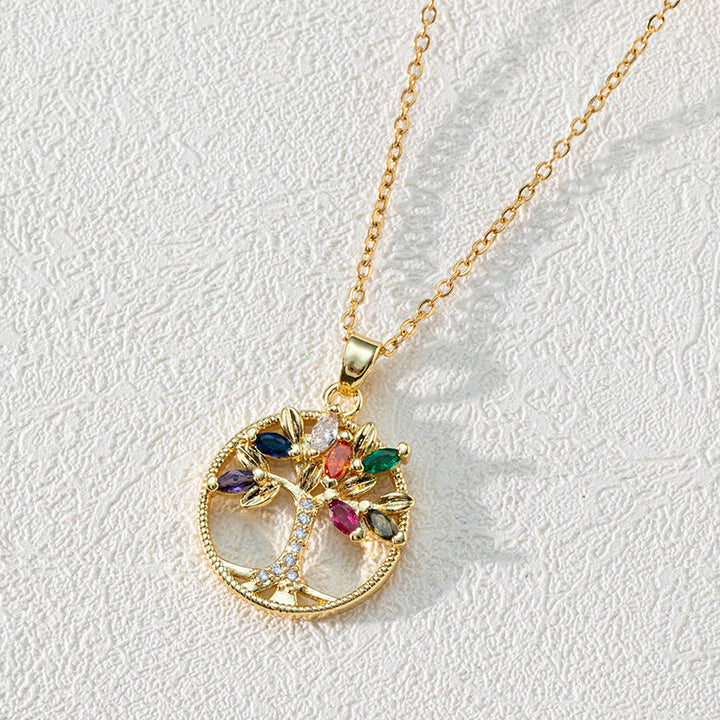 Collana con ciondolo a forma di clavicola con albero della vita cavo rotondo in zircone Olivenorma - Zircone bianco e colorato Albero della vita - image 6