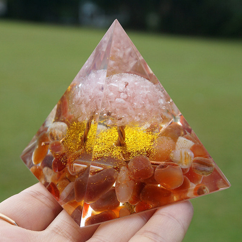 Olivenorma Quarzo Rosa Con Agata Rossa Albero Della Vita Piramide Orgonica 