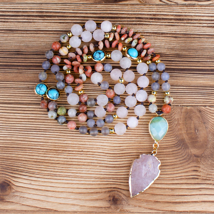Collana con ciondolo a forma di freccia di preghiera Mala in quarzo rosa naturale 