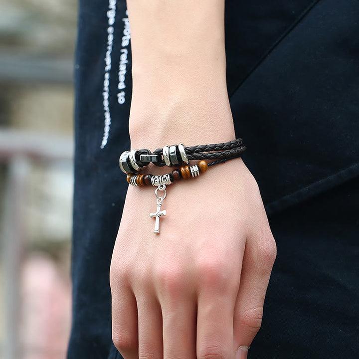 Olivenorma Braccialetto in pelle intrecciata multistrato regolabile con croce - image 1