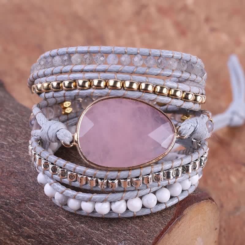 Bracciale Olivenorma lavorato a mano con delicato quarzo rosa e turchese bianco