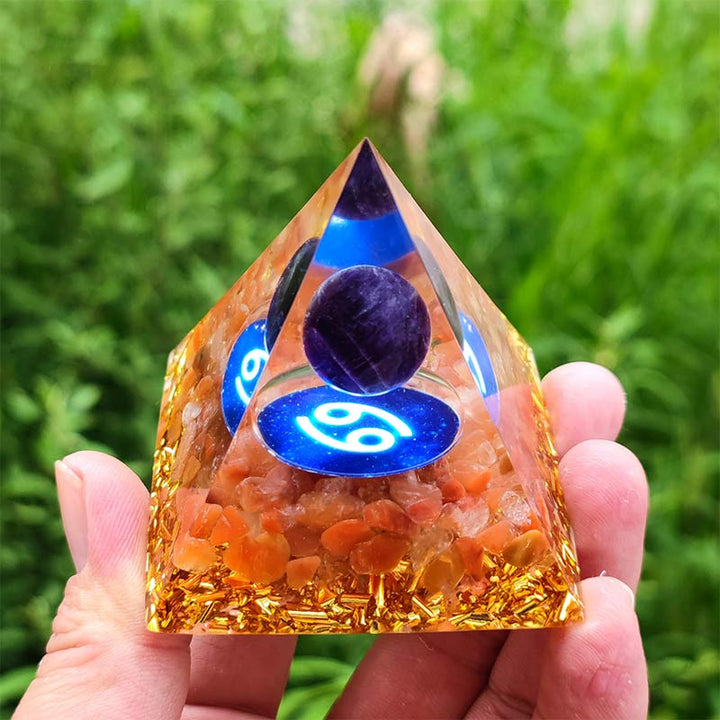 Olivenorma Ametista con Corniola Cancro Zodiac Orgone Piramide 