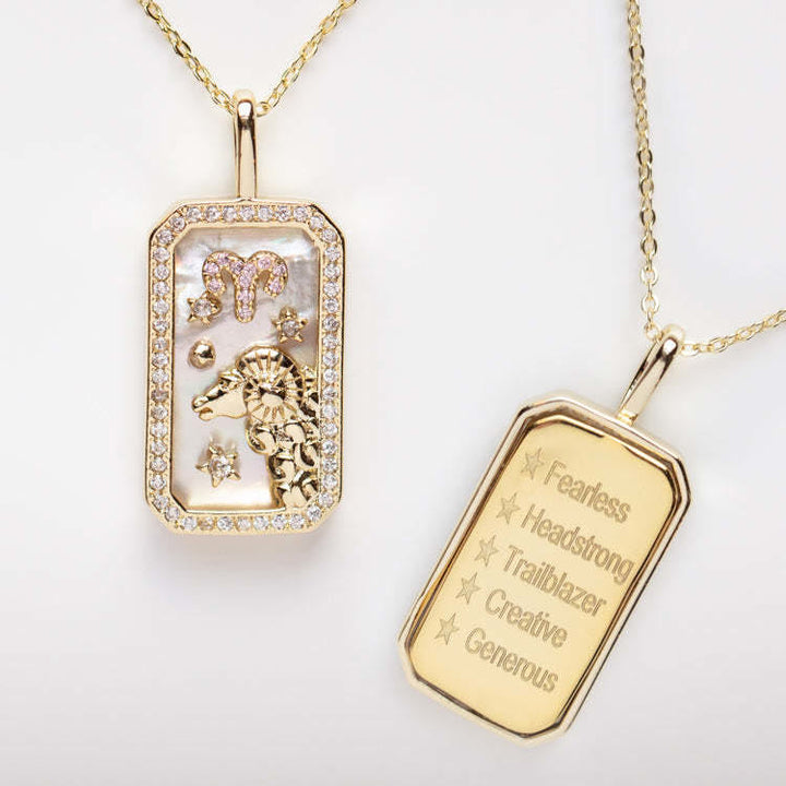 Collana Olivenorma con targhetta incisa con zircone bianco e 12 segni zodiacali 