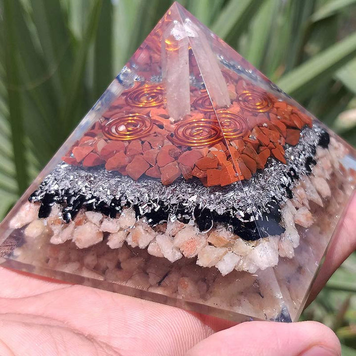 Olivenorma Pilastro di cristallo trasparente con piramide di orgone in pietra del sole