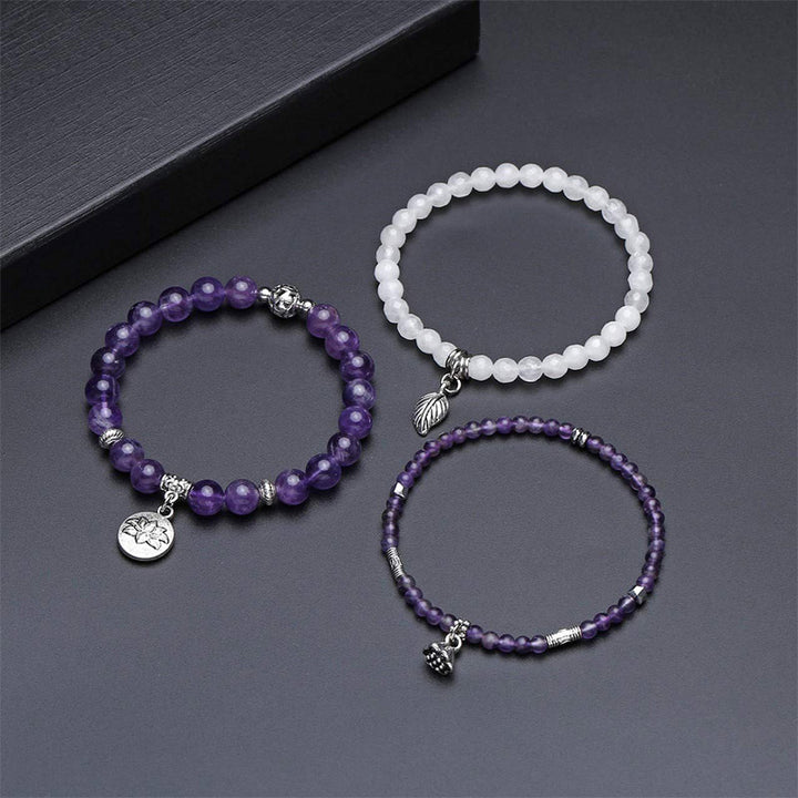 Bracciale a 3 pezzi con simbolo del loto in ametista