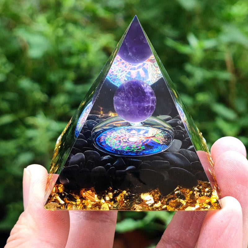 Sfera di cristallo di ametista Olivenorma con piramide di cristallo naturale di ossidiana