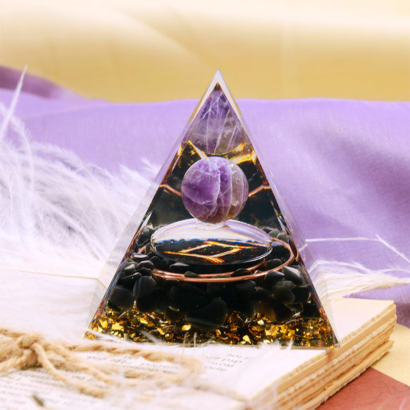 Sfera di ametista Olivenorma con piramide di orgone dello zodiaco Gemelli in ossidiana 
