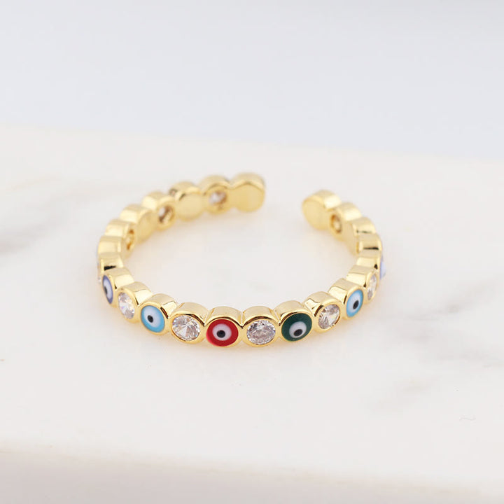 Olivenorma Anello regolabile con zircone bianco e colorato malocchio 