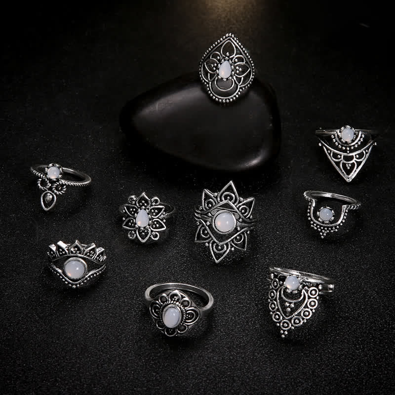 Olivenorma Vintage Moonstone - Set di anelli da 9 pezzi