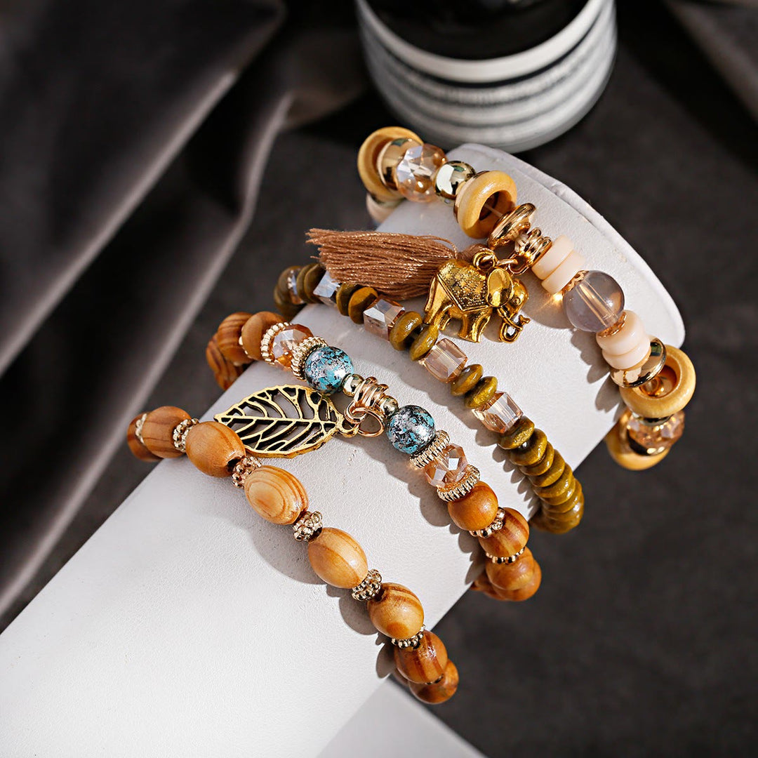 Olivenorma Bohemia Elephant Leaf Tassel Pendant Bracelet Set 