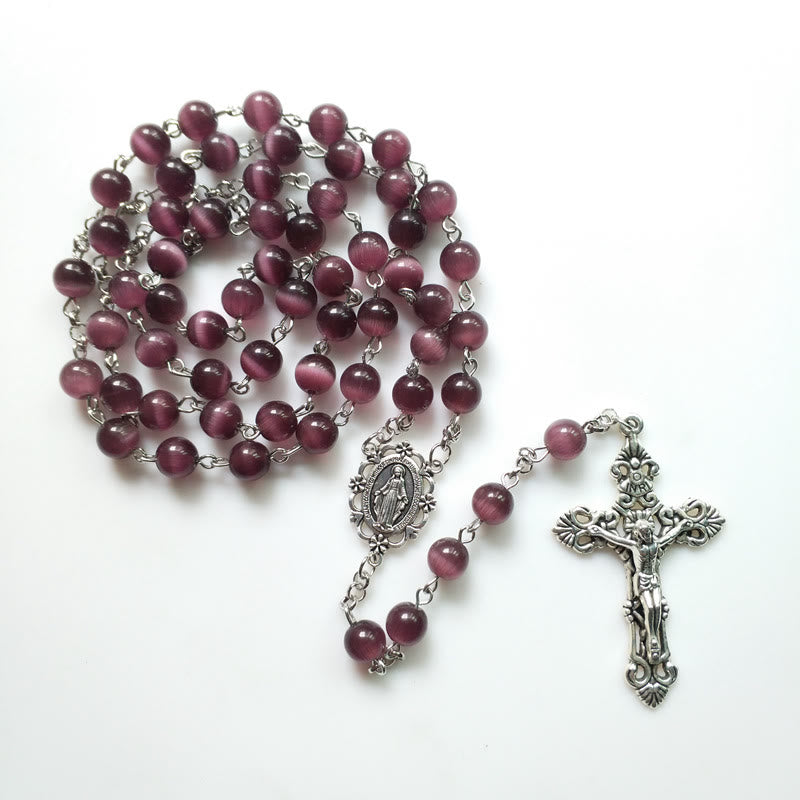 Collana rosario Olivenorma con croce in argento e pietra occhio di gatto viola