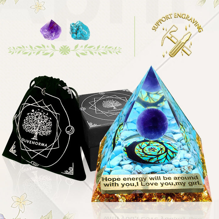 Piramide di Orgone Olivenorma Turchese con Sfera di Ametista 